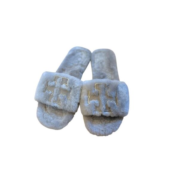 Tory Burch Double T Gray Shearling Slides, Size 7.5 - Picture 1 of 9